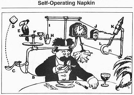 Original Rube Goldberg napkin machine illustration. A cartoon man has created an elaborate contraption to wipe his mouth with a napkin automatically